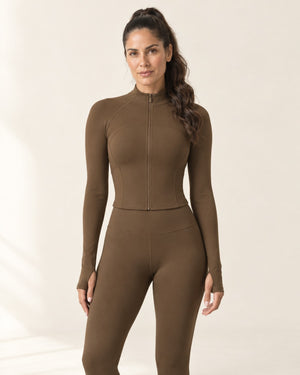 CloudSoft Fitted Zip Jacket in Chestnut – front | Velvetella
