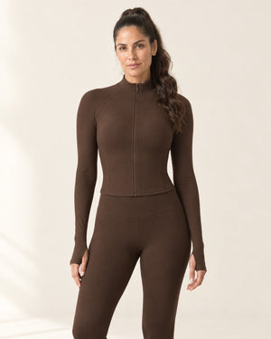 CloudSoft Fitted Zip Jacket in Espresso – front | Velvetella