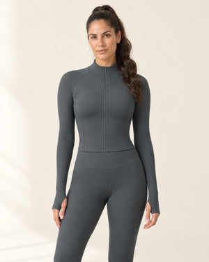 CloudSoft Fitted Zip Jacket in Graphite Gray – front | Velvetella