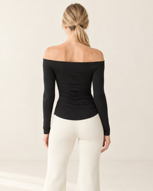 CloudSoft Off-Shoulder Long Sleeve in Black – back | Velvetella