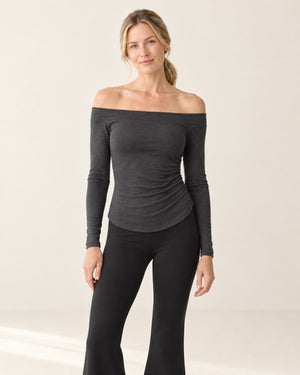 CloudSoft Off-Shoulder Long Sleeve in Dark Gray – front | Velvetella