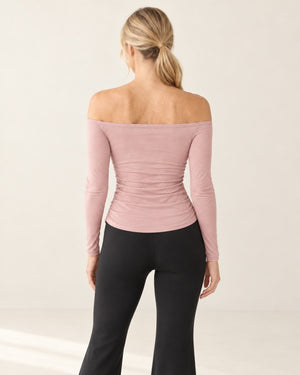 CloudSoft Off-Shoulder Long Sleeve in Pink – back | Velvetella