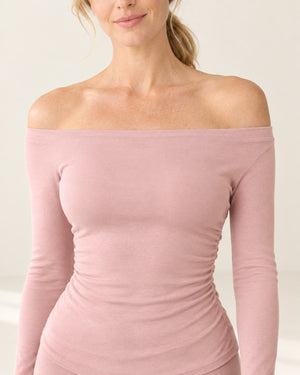 CloudSoft Off-Shoulder Long Sleeve in Pink – detail | Velvetella