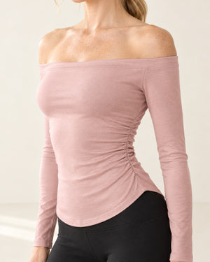 CloudSoft Off-Shoulder Long Sleeve in Pink – feature | Velvetella