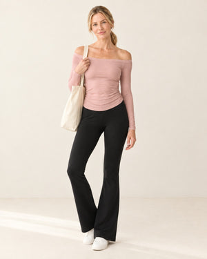 CloudSoft Off-Shoulder Long Sleeve in Pink – full look | Velvetella