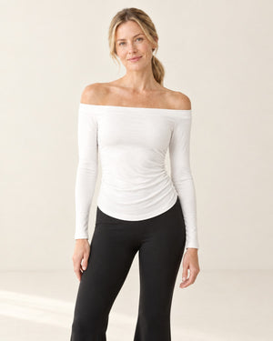 CloudSoft Off-Shoulder Long Sleeve in White – front | Velvetella