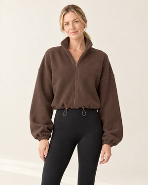 CloudSoft Polar Fleece Zip Jacket in Coffee – front | Velvetella