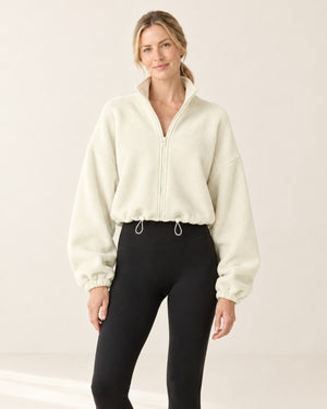 CloudSoft Polar Fleece Zip Jacket in Ivory White – front | Velvetella