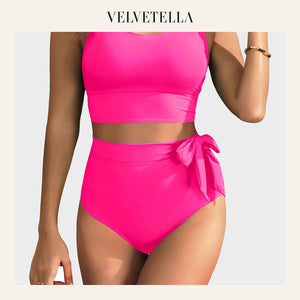 Double Tie Shoulder High Waist Tummy Control Bikini Set | Velvetella