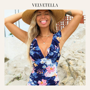 Elegant Sunny Flower Ruffled Lace-Back One Piece Swimsuit | Velvetella