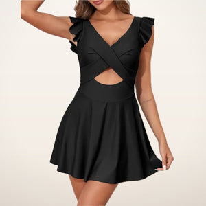 Cora Ruffle Cutout V-Neck Swim Dress | Velvetella