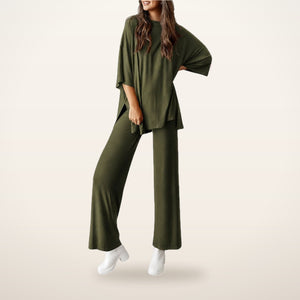 Relaxed Split-Hem Top & Wide-Leg Pants Set | Velvetella