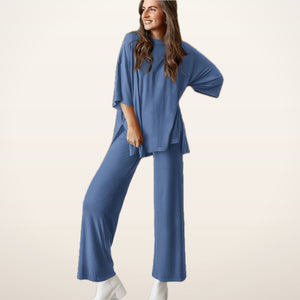 Relaxed Split-Hem Top & Wide-Leg Pants Set | Velvetella
