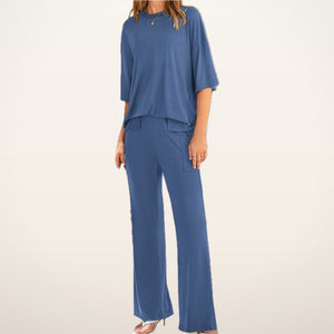 Relaxed Split-Hem Top & Wide-Leg Pants Set | Velvetella