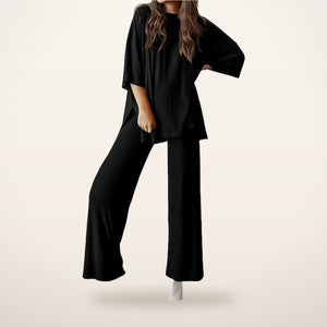 Relaxed Split-Hem Top & Wide-Leg Pants Set | Velvetella