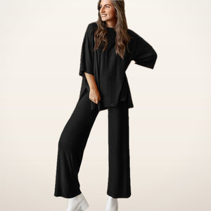 Relaxed Split-Hem Top & Wide-Leg Pants Set | Velvetella