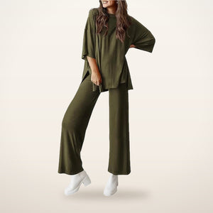 Relaxed Split-Hem Top & Wide-Leg Pants Set | Velvetella