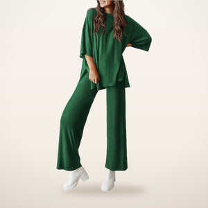 Relaxed Split-Hem Top & Wide-Leg Pants Set | Velvetella