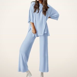 Relaxed Split-Hem Top & Wide-Leg Pants Set | Velvetella