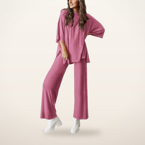 Relaxed Split-Hem Top & Wide-Leg Pants Set | Velvetella