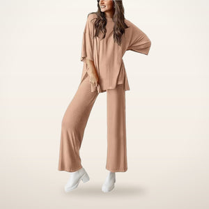 Relaxed Split-Hem Top & Wide-Leg Pants Set | Velvetella