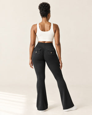 Sculpt Scrunch Flare Pant with Pockets in Black – back | Velvetella