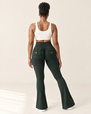 Sculpt Scrunch Flare Pant with Pockets in Green – back | Velvetella