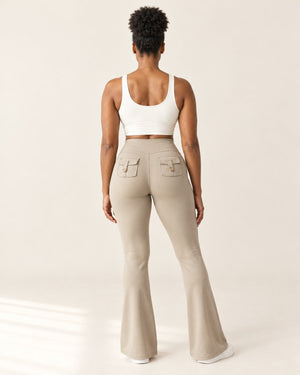Sculpt Scrunch Flare Pant with Pockets in Khaki – back | Velvetella