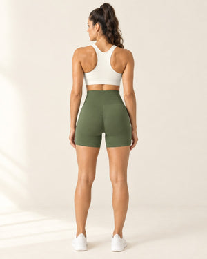 Seamless Scrunch Short in Army Green – back | Velvetella
