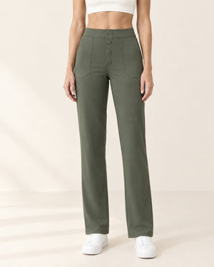 Studio Button Straight-Leg Pant in Army Green – front | Velvetella