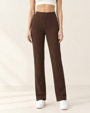 Studio Button Straight-Leg Pant in Dark Brown – front | Velvetella