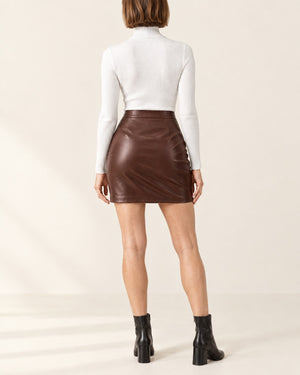 Studio Faux Leather Slit Skort in Brown – back | Velvetella