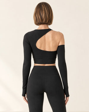 Studio One-Shoulder Cutout Long Sleeve in Black – back | Velvetella
