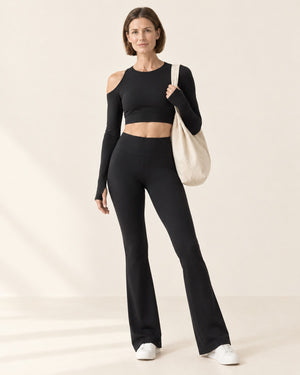 Studio One-Shoulder Cutout Long Sleeve in Black – full look | Velvetella