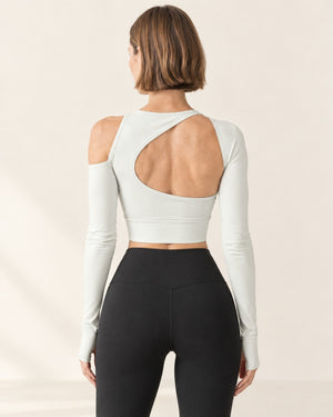 Studio One-Shoulder Cutout Long Sleeve in Light Grey – back | Velvetella