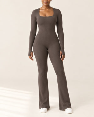 Studio Rib Flare Jumpsuit in Mocha – front | Velvetella