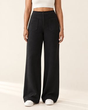 Studio Waffle Wide-Leg Pant in Black – front | Velvetella