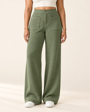 Studio Waffle Wide-Leg Pant in Green – front | Velvetella