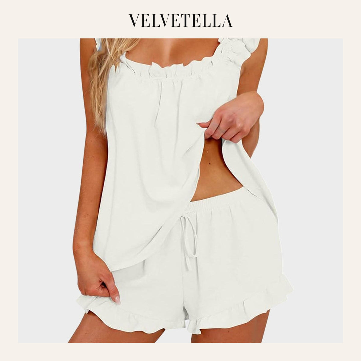 2-Piece Soft Pajama Set with Ruffle Tank Top & Shorts | Velvetella