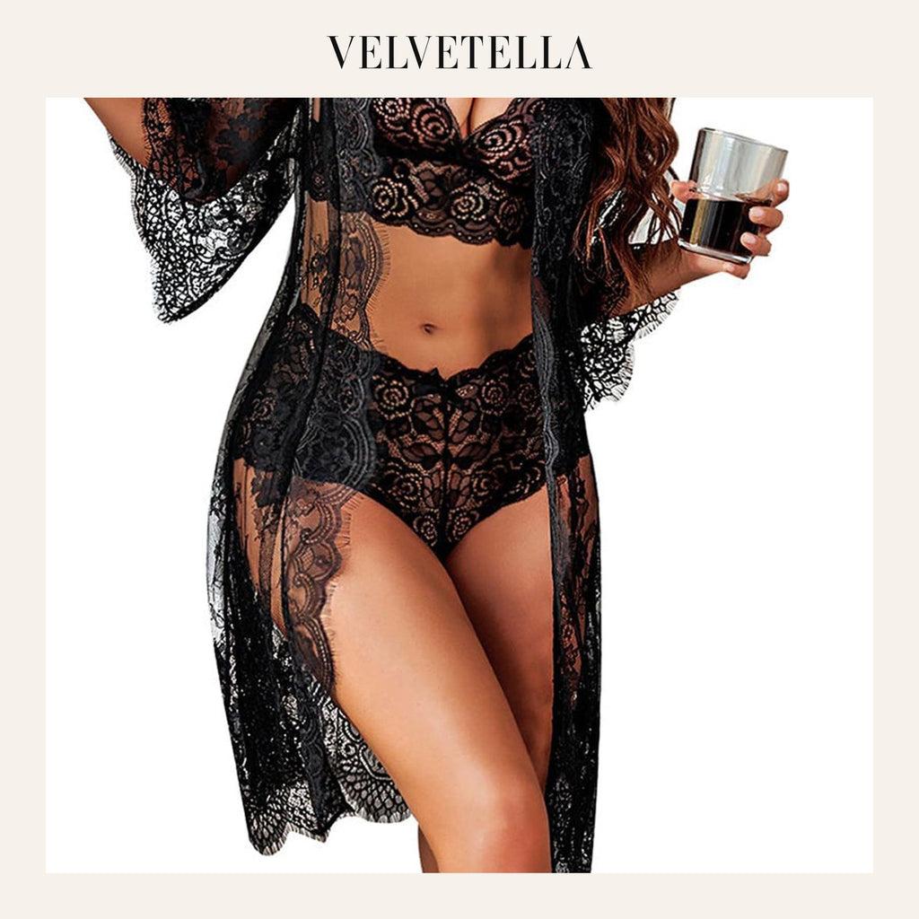 3-Piece Elegant Floral Lace Lingerie Set with Robe | Velvetella