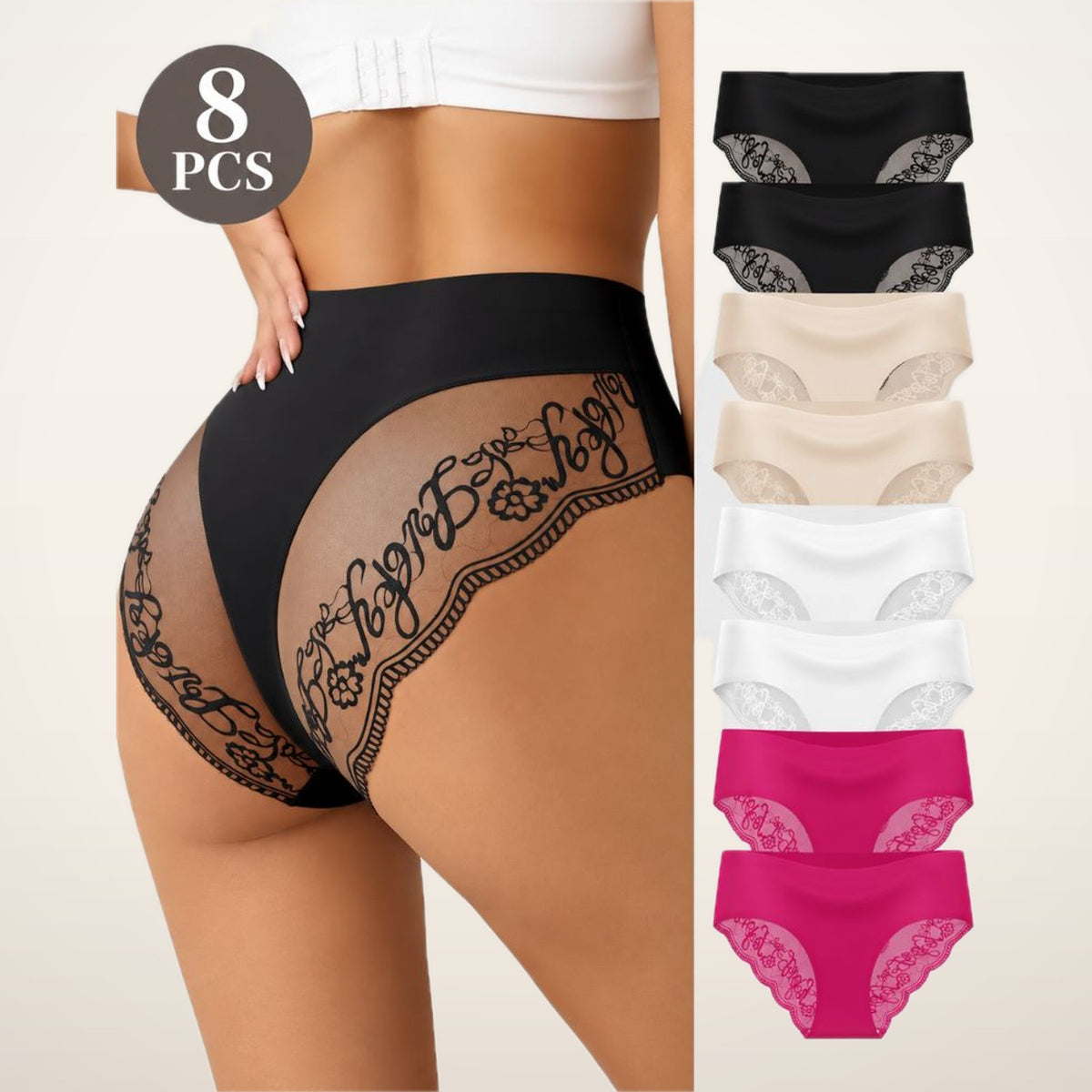 8-Pack Seamless Lace Mid-Rise Stretch Panties | Velvetella
