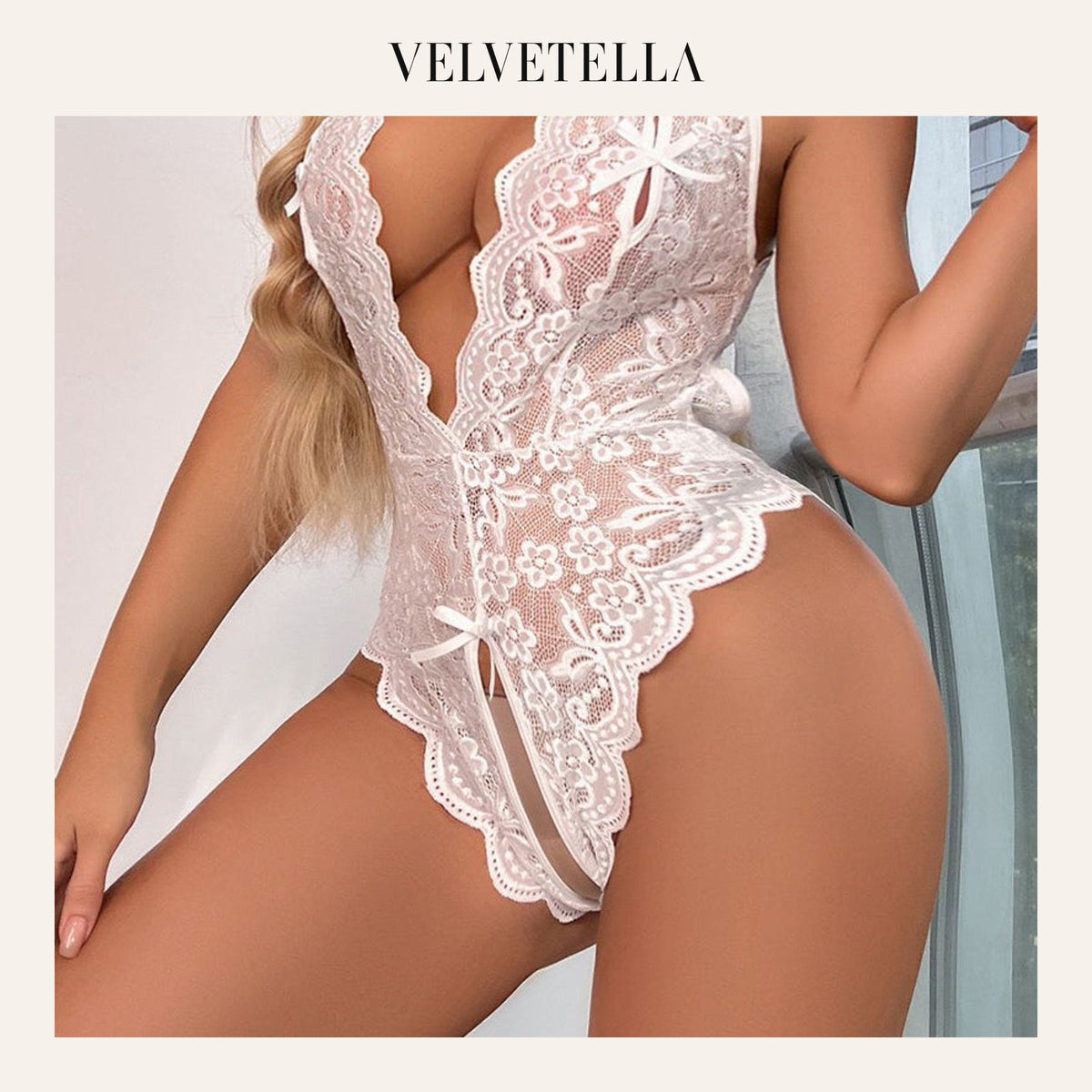 Bridal Whisper Halter Lace Crotchless Teddy | Velvetella