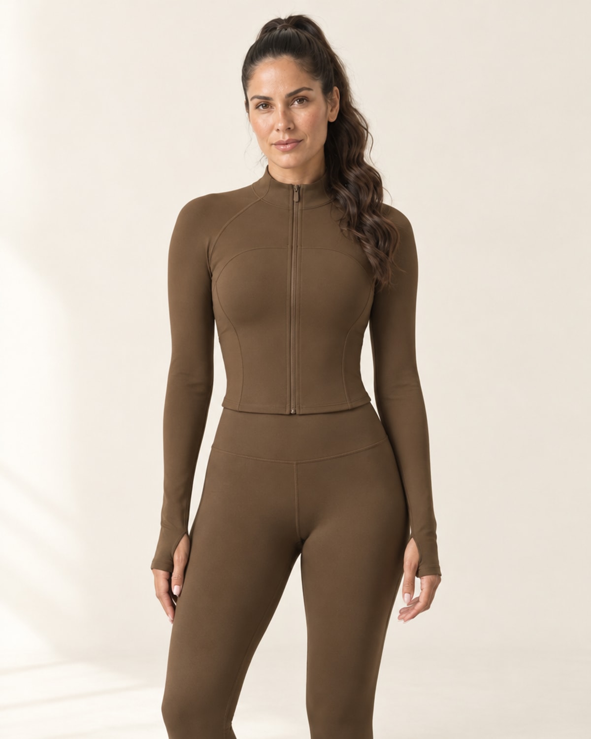 CloudSoft Fitted Zip Jacket in Chestnut – front | Velvetella