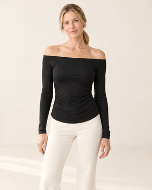 CloudSoft Off-Shoulder Long Sleeve in Black – front | Velvetella