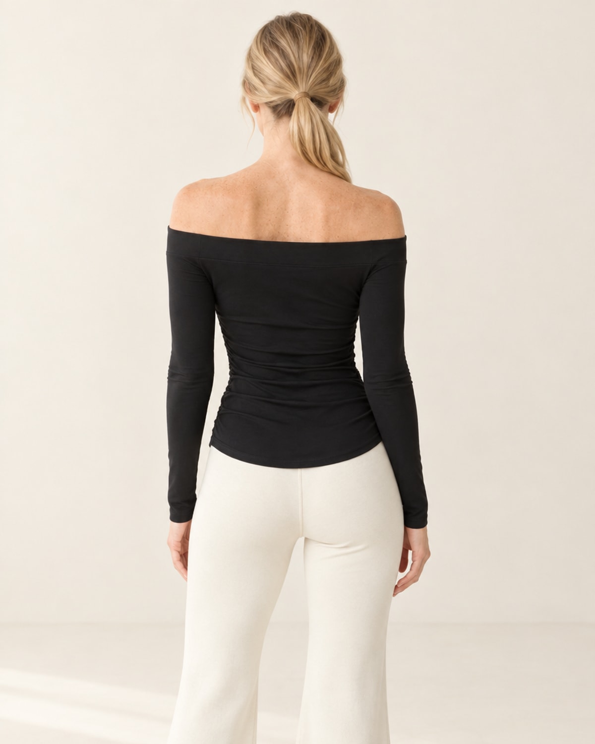 CloudSoft Off-Shoulder Long Sleeve in Black – back | Velvetella