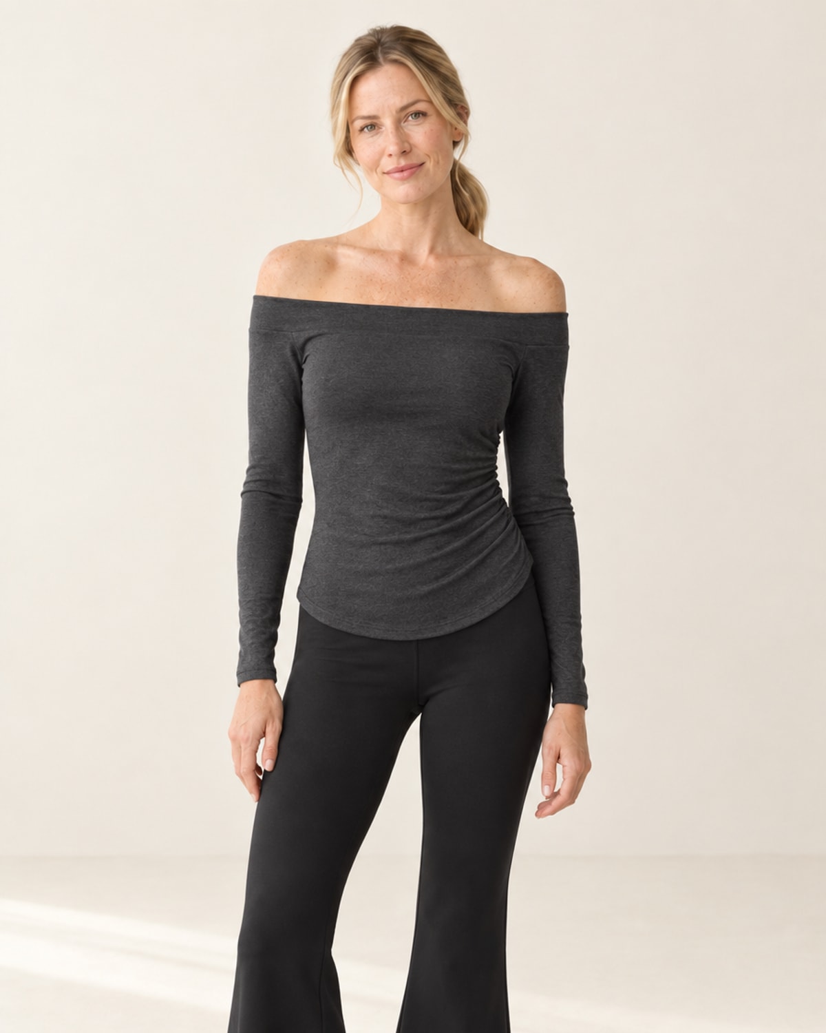 CloudSoft Off-Shoulder Long Sleeve in Dark Gray – front | Velvetella