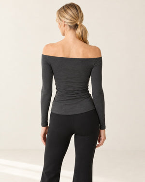 CloudSoft Off-Shoulder Long Sleeve in Dark Gray – back | Velvetella