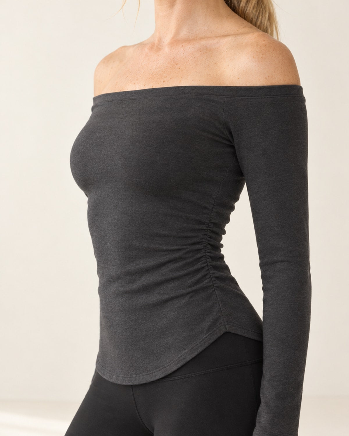 CloudSoft Off-Shoulder Long Sleeve in Dark Gray – feature | Velvetella