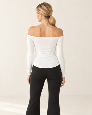 CloudSoft Off-Shoulder Long Sleeve in White – back | Velvetella