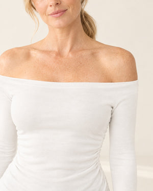 CloudSoft Off-Shoulder Long Sleeve in White – detail | Velvetella